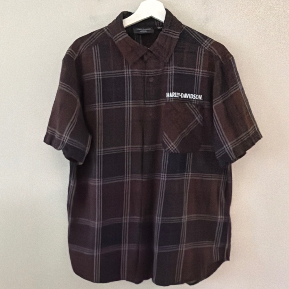 Harley-Davidson Mens Brown Plaid Cowboy Skull Graphic Short Sleeve Shirt Large